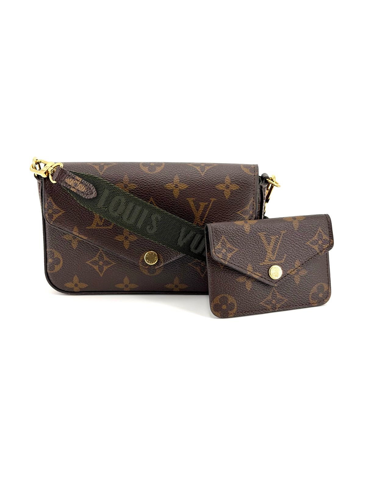 uthentic Louis Vuitton Strap & Go crossbody bag in brown Monogram canvas with green Louis Vuitton strap, gold-tone hardware, snap-button closures, and matching detachable Monogram pouch.