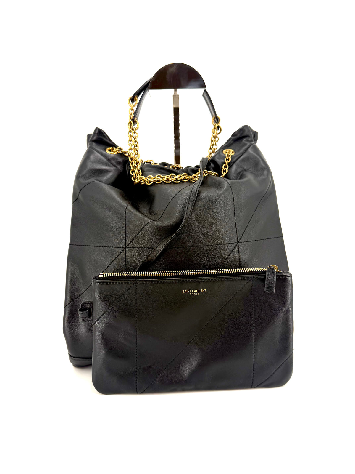 Pre-Owned Saint Laurent YSL Jamie 4.3 Small Pochon Bag in black lambskin with gold-tone hardware and removable pouch