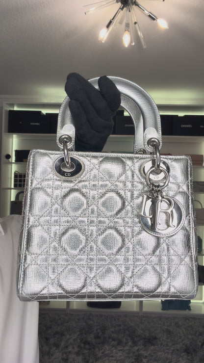 Pre-Owned Dior Lady Dior Silver Metallic Small Crossbody Bag