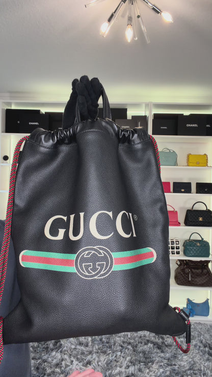 Pre-Owned Gucci Logo Leather Drawstring Backpack