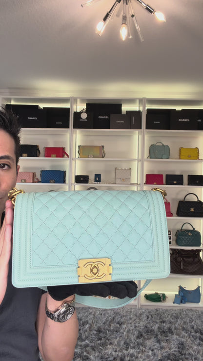 Pre-Owned Chanel Quilted Caviar Tiffany Blue Medium Boy Crossbody Bag