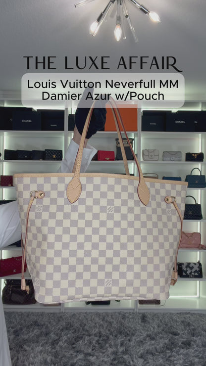 Pre-Owned Louis Vuitton Neverfull Damier Azur MM Shoulder Bag w/Pouch