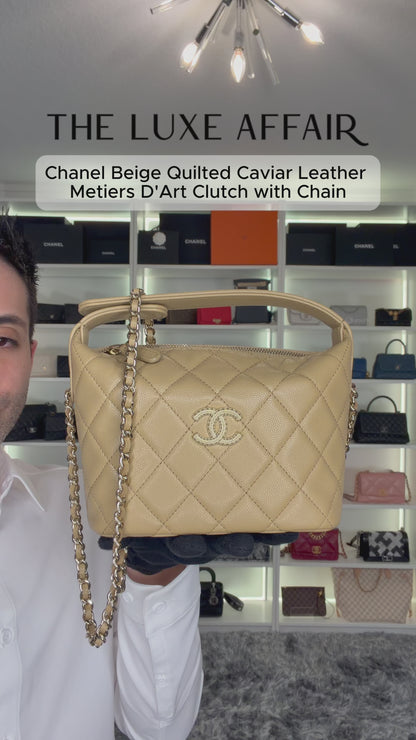 Pre-Owned Chanel Beige Quilted Caviar Leather Metiers D'Art Clutch with Chain
