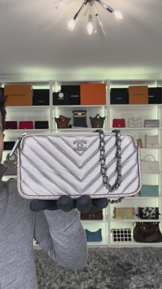 Pre-Owned Chanel Double Zip Lambskin Chevron Bag with Removable Crossbody Strap