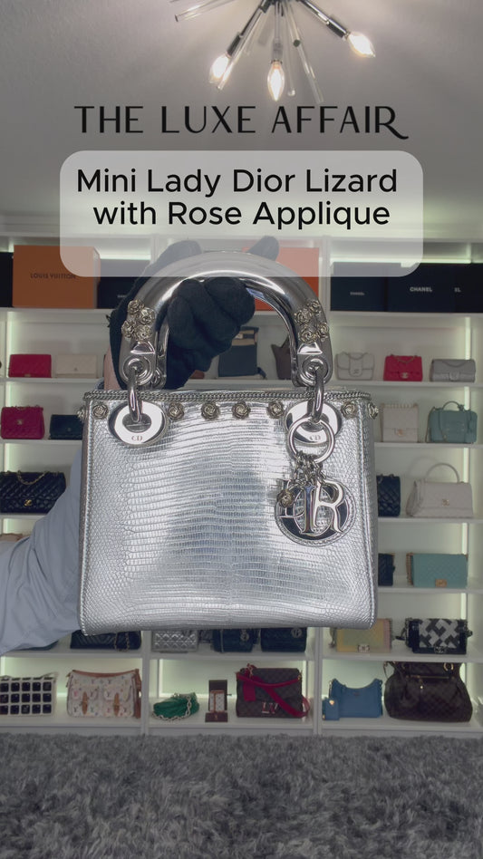 Pre-Owned Lady Dior Lizard with Rose Applique Mini Crossbody Bag